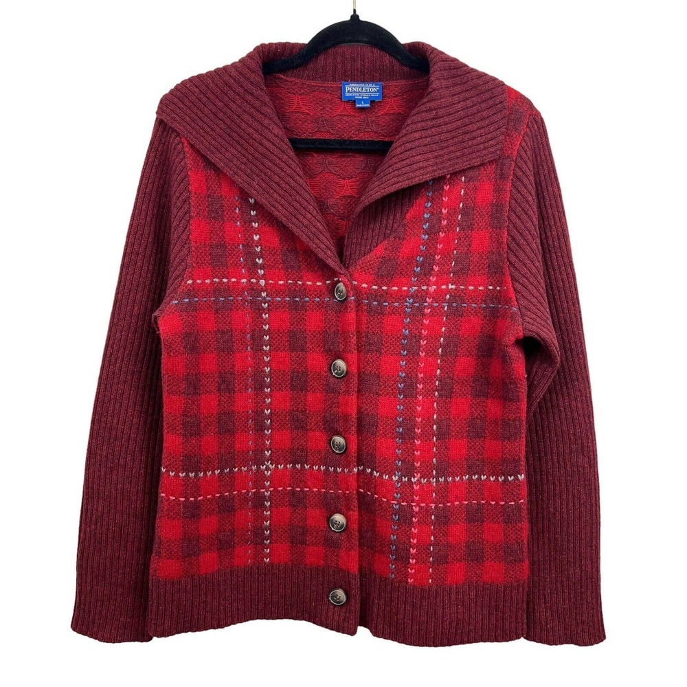 Pendleton Cardigan Sweater Lambswool Shawl Collar Knit Button Red Women Size L